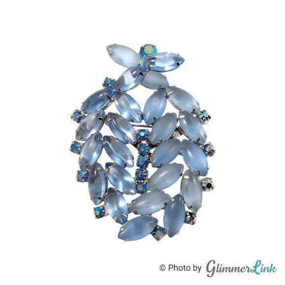 VTG Blue Navette & Aurora Borealis Rhinestones Silver Tone Mid Century Brooch - Picture 1 of 11